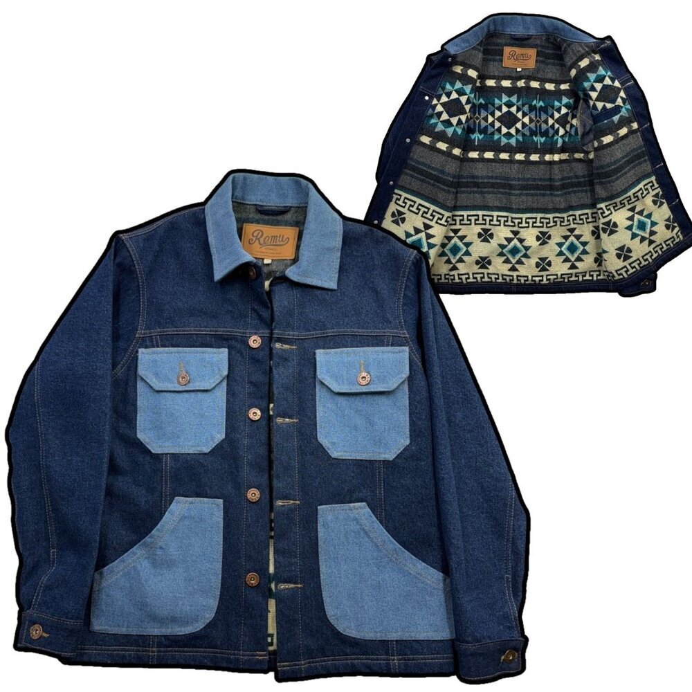 Remu Apparel Handmade Denim Wool Lined Jacket Chore Coat Mens M Aztec Western